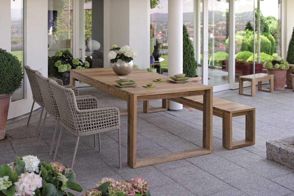 Stern Möbel Gartenmöbel Outdoorstoff Schick gemütlich Geflecht Tisch Tischsystem Tischplatte Tischgestell Holztisch Holzbank Garnitur