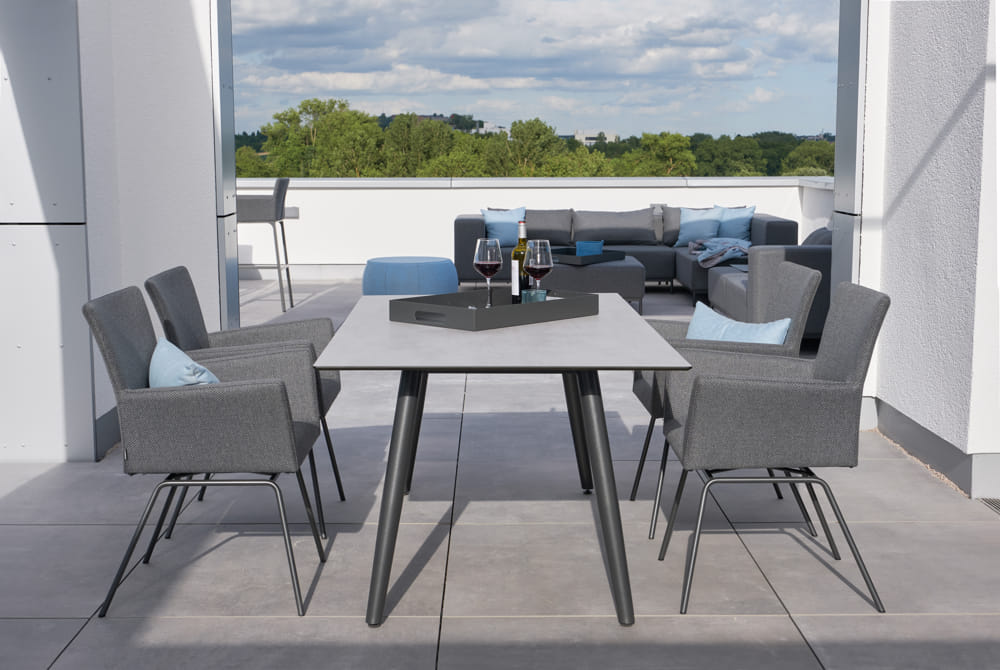 Stern Möbel Gartenmöbel Outdoorstoff Schick gemütlich Geflecht Tisch Tischsystem Tischplatte Tischgestell Sessel Outdoorstoff Garnitur